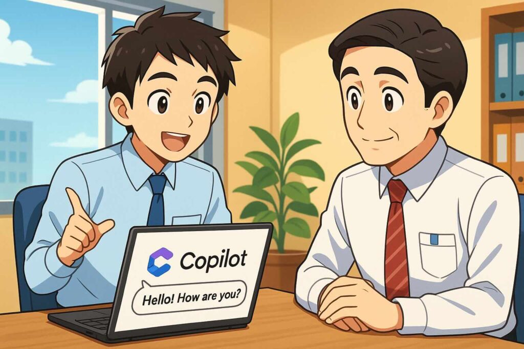 Copilotで英会話をするやり方を同僚に教えている営業課の新人