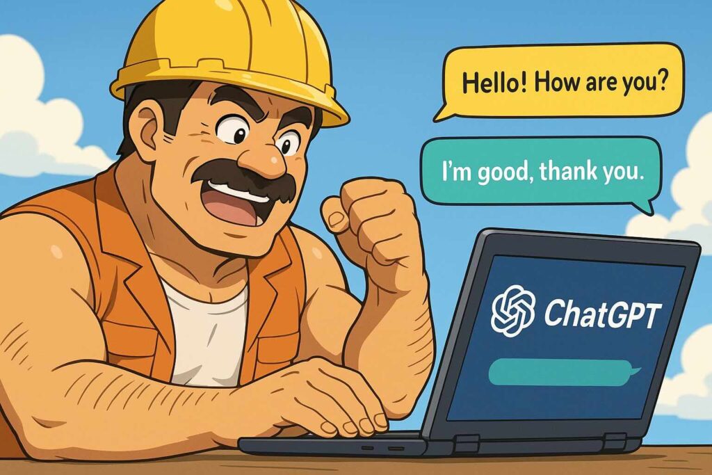 ChatGPTで英会話するために基本的なプロンプト集を利用している男性