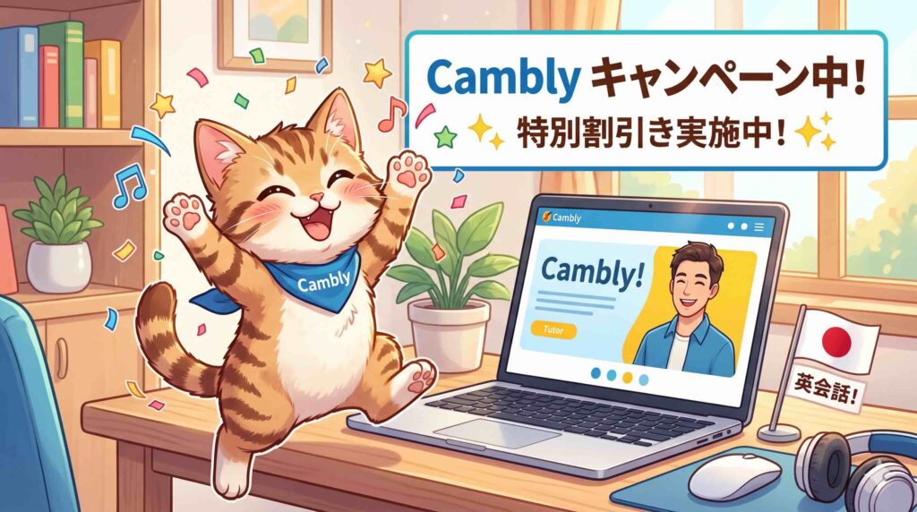 2026年にあった今までのCamblyキャンペーンに喜ぶネコ