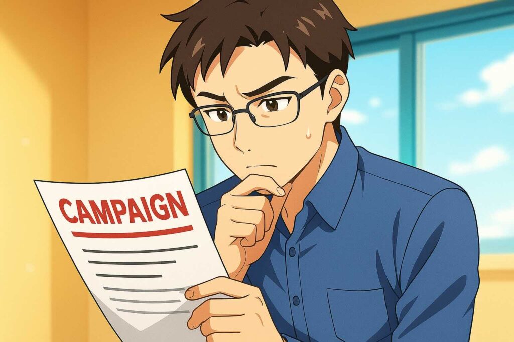 レアジョブの初月1円キャンペーンの内容を熟読する男性