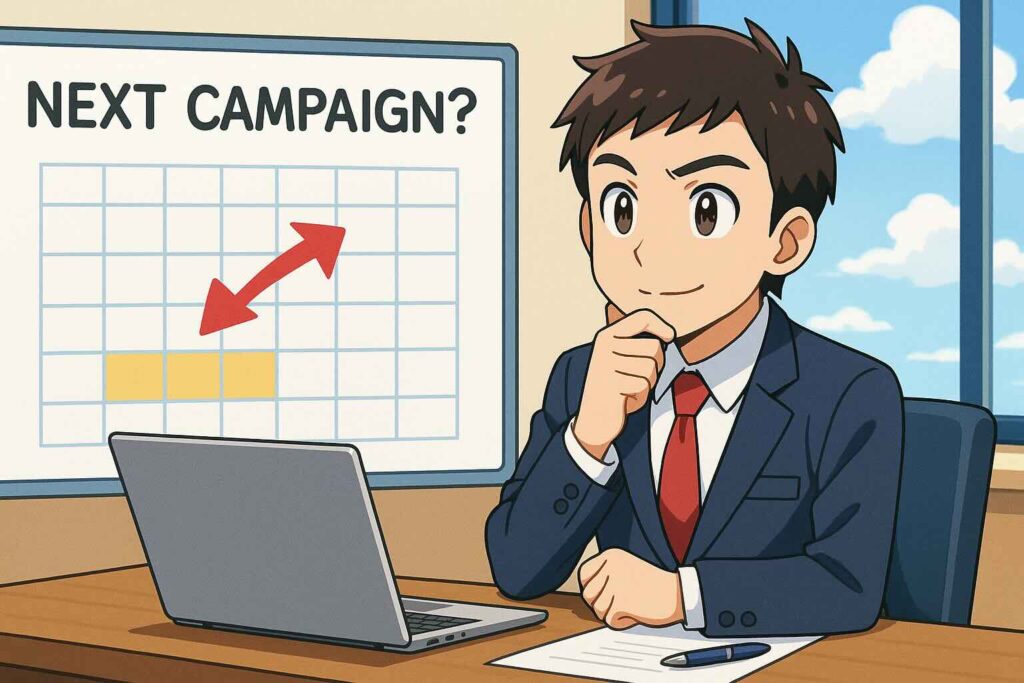 次はいつ、どんなDMM英会話キャンペーンなのか予想している男性