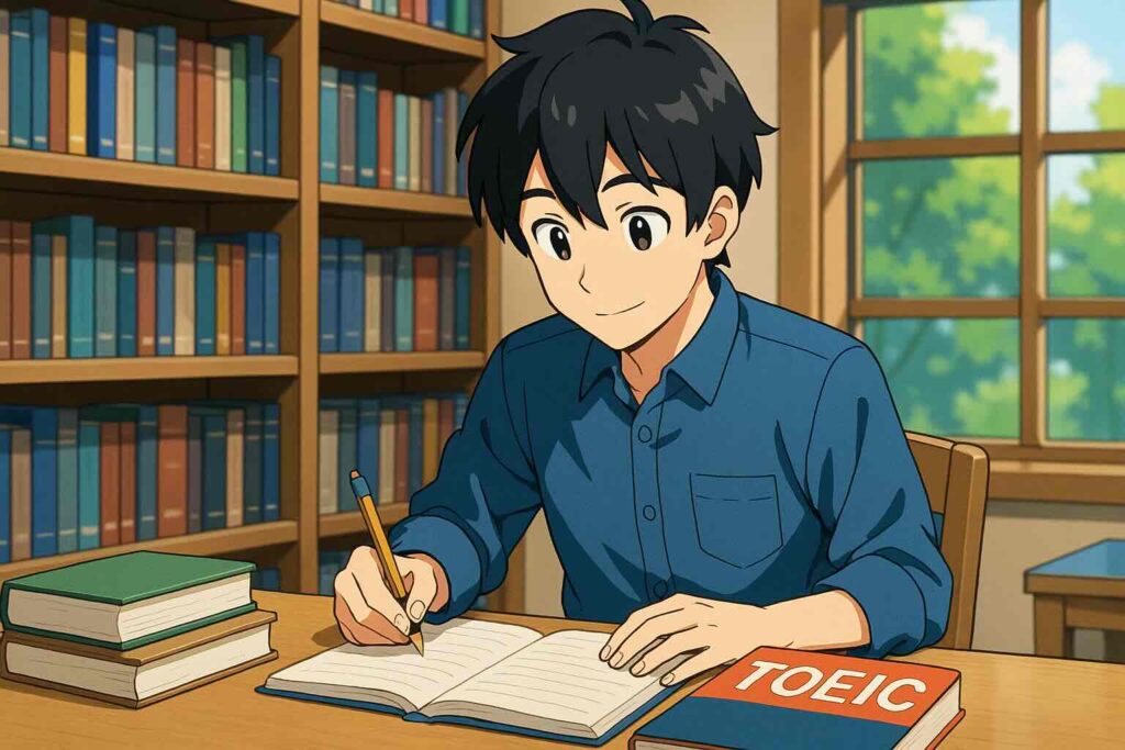 図書館で理想的なTOEIC対策方法をしている男子大学生