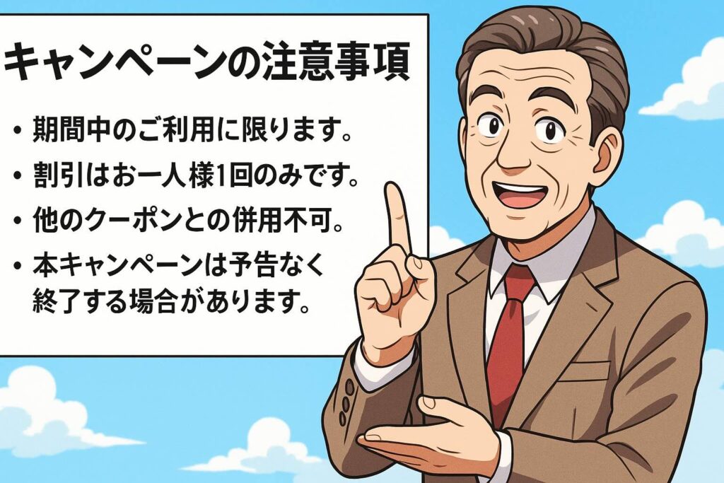 DMM英会話キャンペーンの注意点を説明する男性