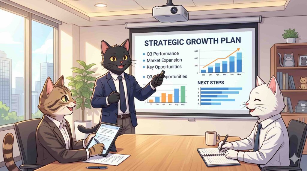 目的別にChatGPT英会話プロンプトを紹介する猫たち