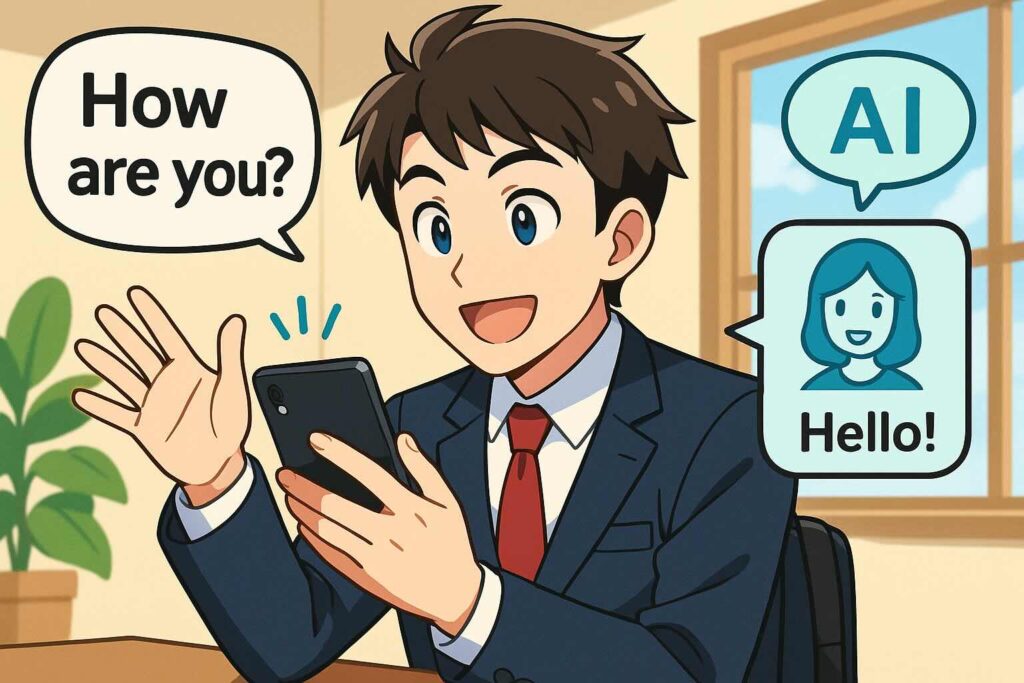 Geminiを使って英会話の練習をやっているビジネスマン