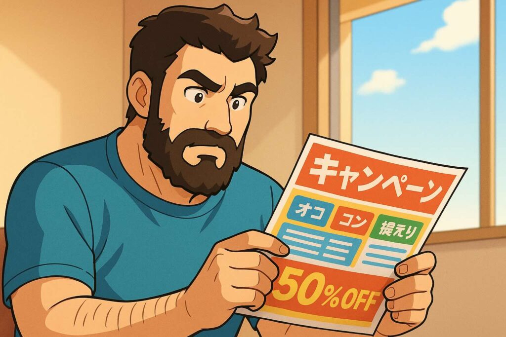 他社のキャンペーンとKimini英会話のキャンペーンを比較している男性