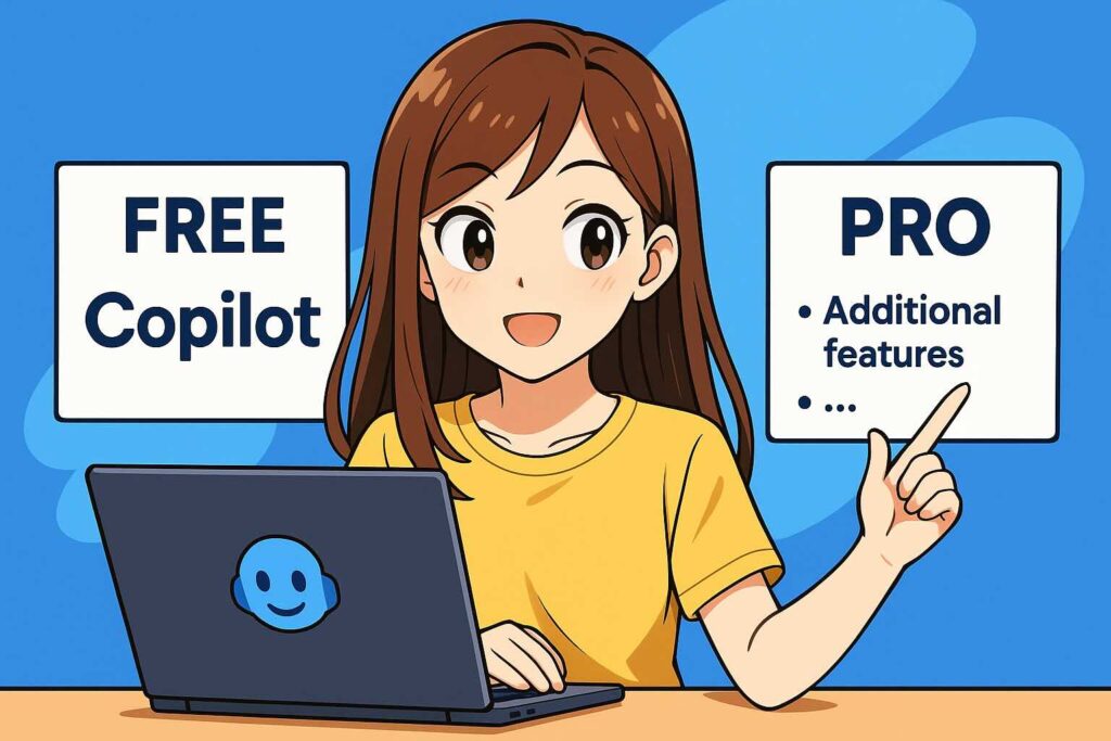 Copilot無料版と有料版の違いを調べる寛容な女性