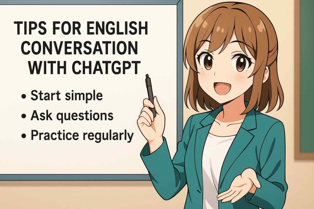 ChatGPT5を用いて英会話する際のコツを解説する女性