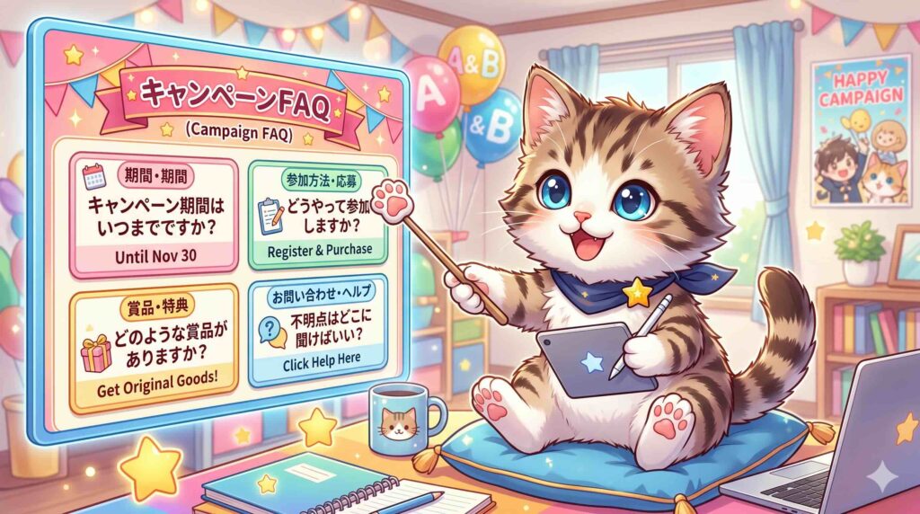DMM英会話キャンペーンに関するFAQに答える子猫