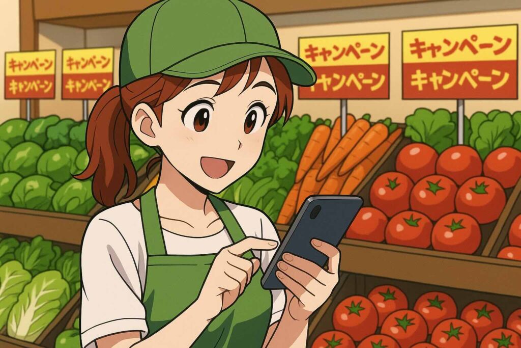 他社のキャンペーンとDMM英会話のキャンペーンを比較している女性店員