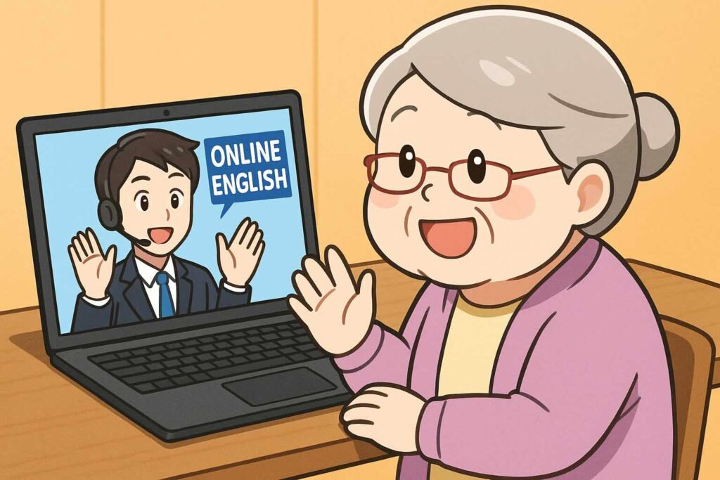 ベストティーチャーの講師とレッスンを受けている顔が丸いちょっと大きめなおばあちゃん