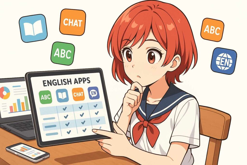 スピークバディと競合アプリの比較をしている女子高生