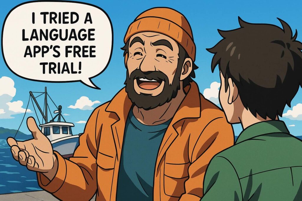 無料体験をやってみた感想を述べる漁師