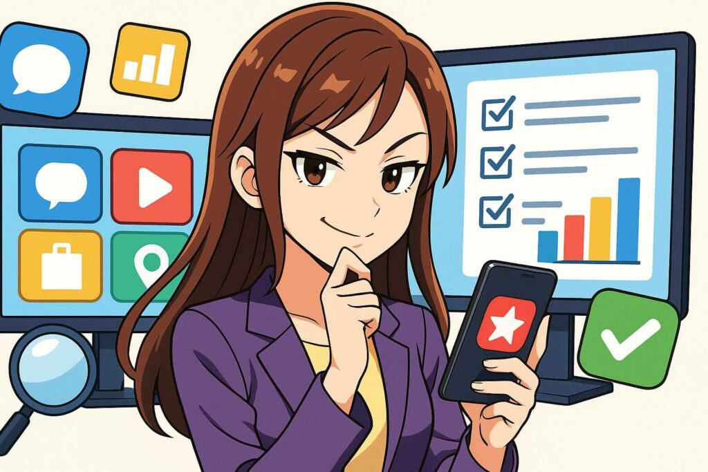 他のアプリとスピークバディの無料体験における違いを調べる女性