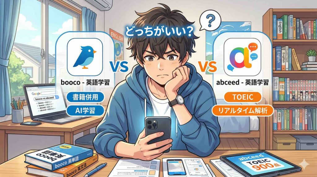 boocoとabceedのどちらにするか悩む青年