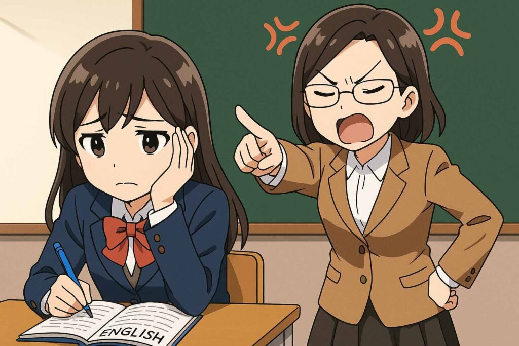 mikanで単語が覚えられない原因と対策を練っている生徒と先生