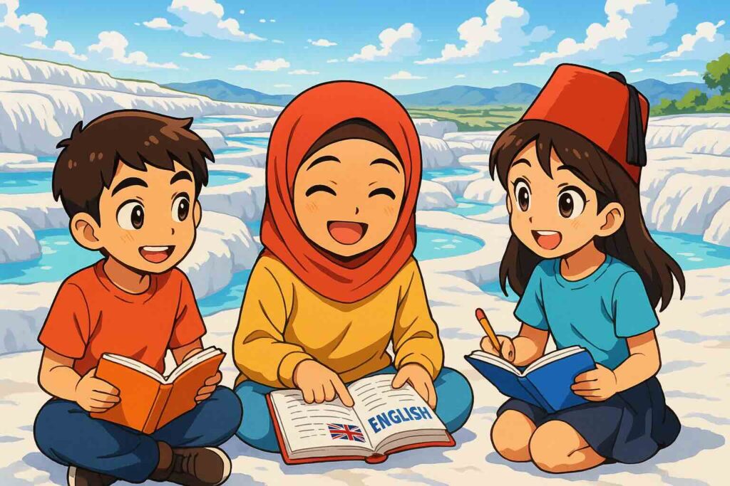 パムッカレの石灰棚で英会話を勉強するトルコ人子供たち
