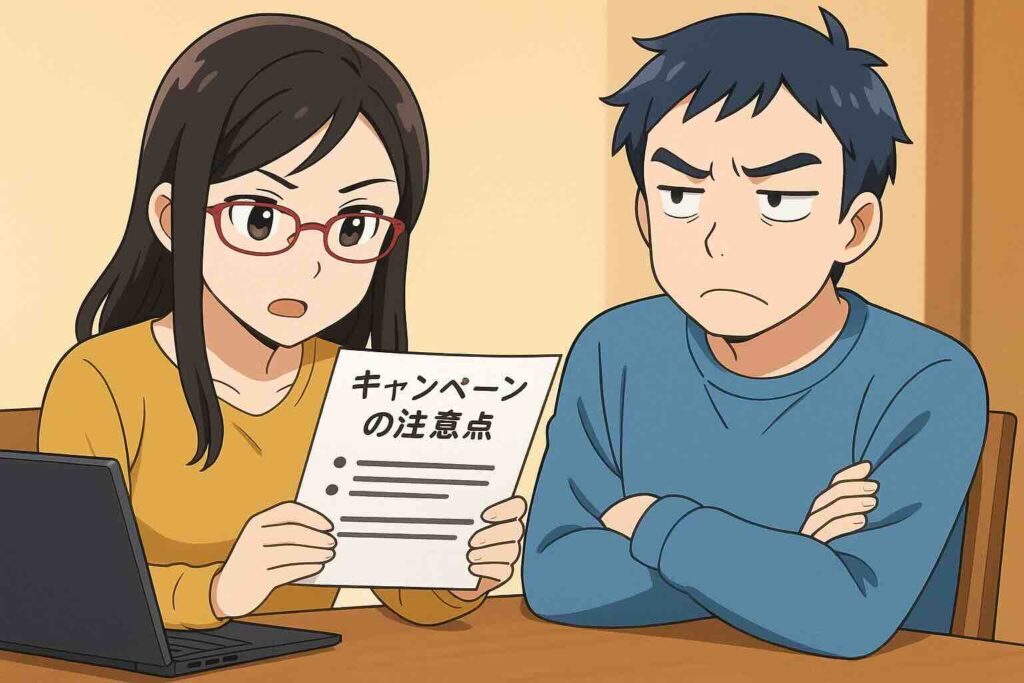 スピークキャンペーンの注意点を調べる夫婦