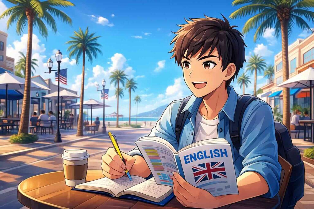 英語イマージョンラーニングのやり方を学ぶ男子留学生