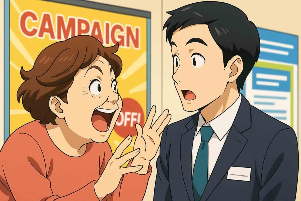 スピークのキャンペーンに関するFAQをするおばさん