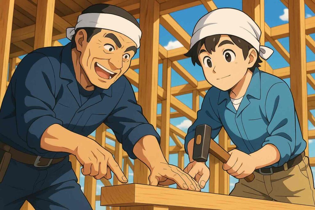 スピークバディとスピークの対象レベル比較をしている大工たち