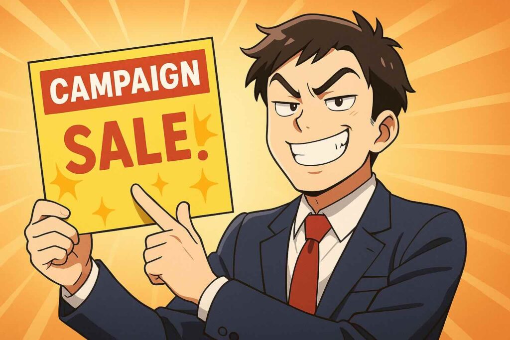 スピークの割引キャンペーンセールを知らせるセールスマン