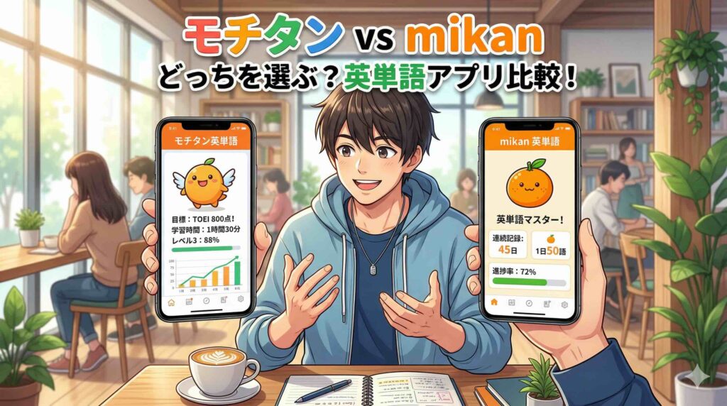モチタンとmikanのアプリを比べている男性