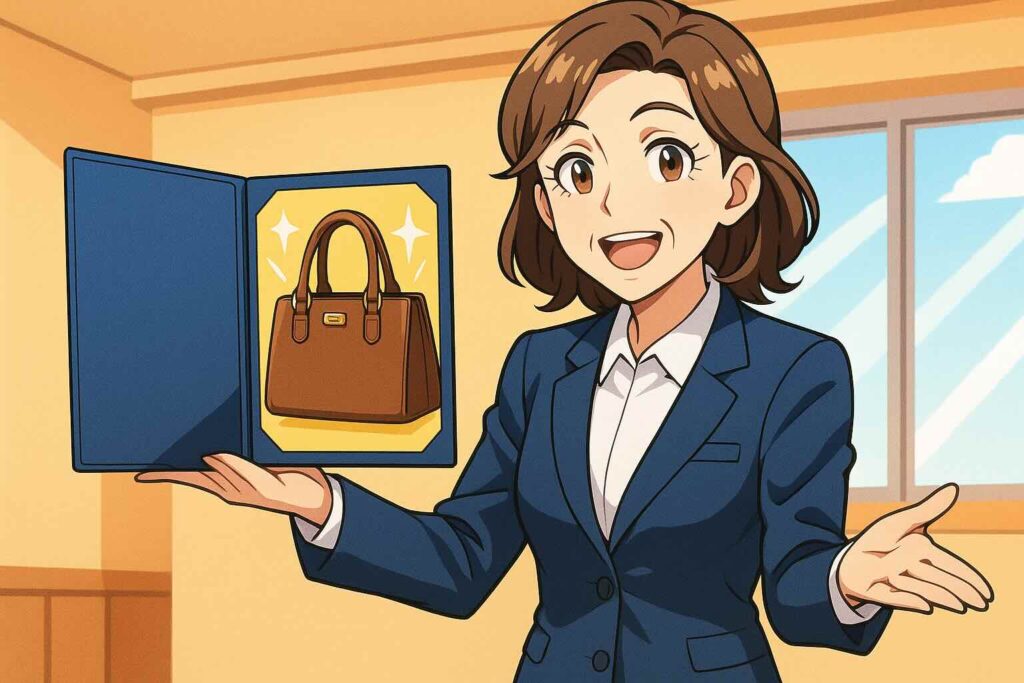 プレミアムとライトどちらがおすすめか説明するセールスウーマン