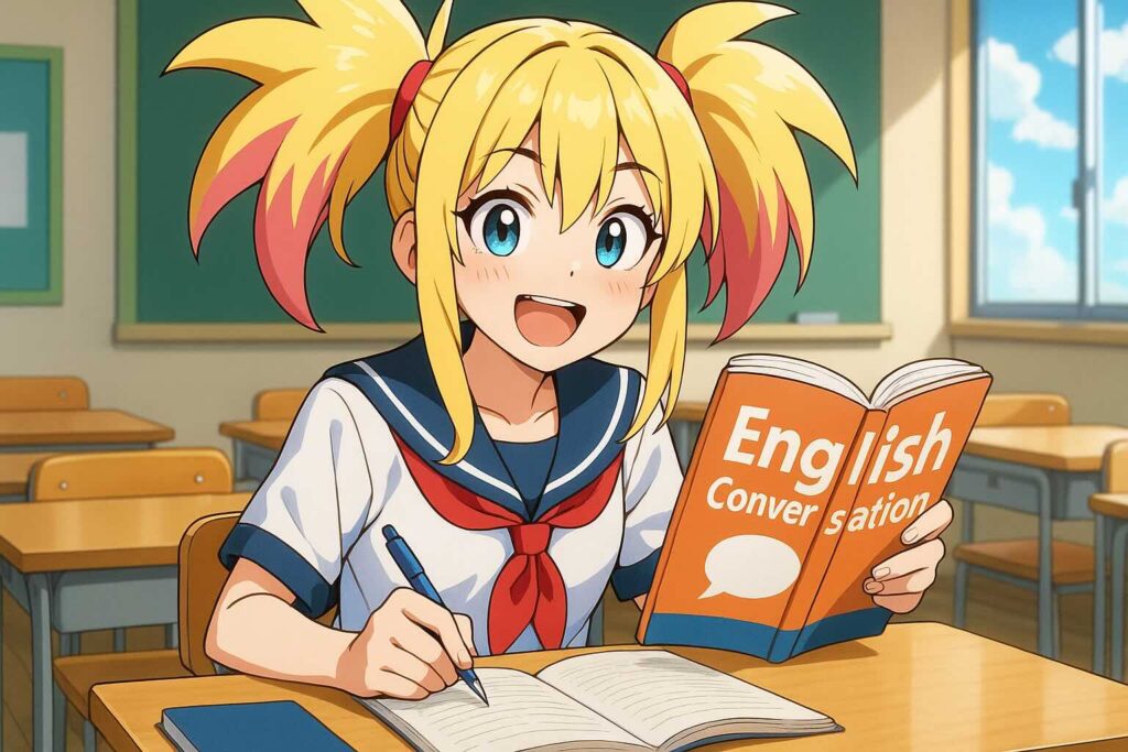 スピークバディとオンライン英会話で勉強している女子高生