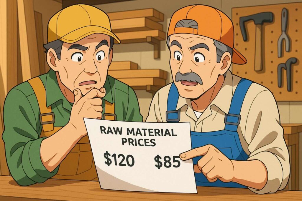 スピークバディとスピークの料金比較をしている大工たち