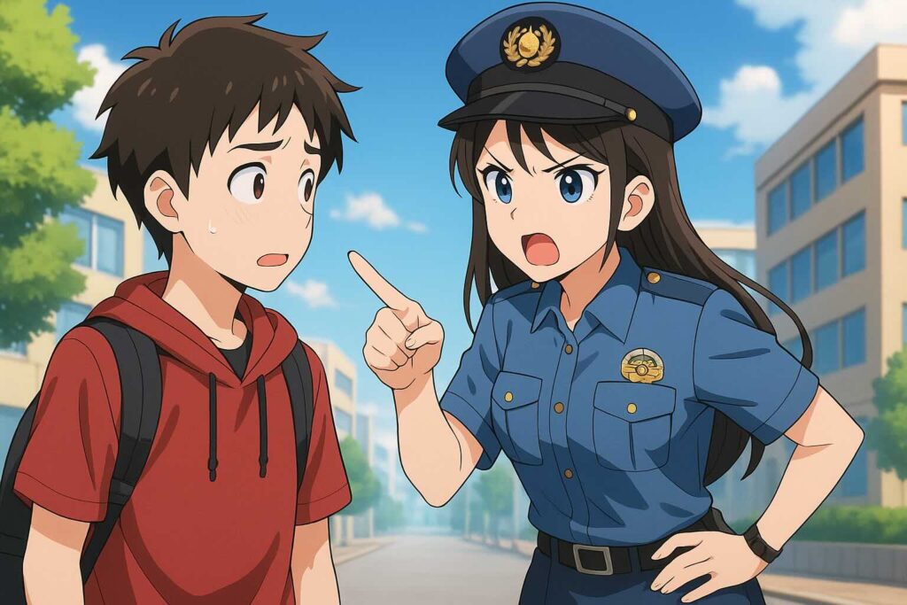 未成年はハロートークやめた方が良いと注意する警官