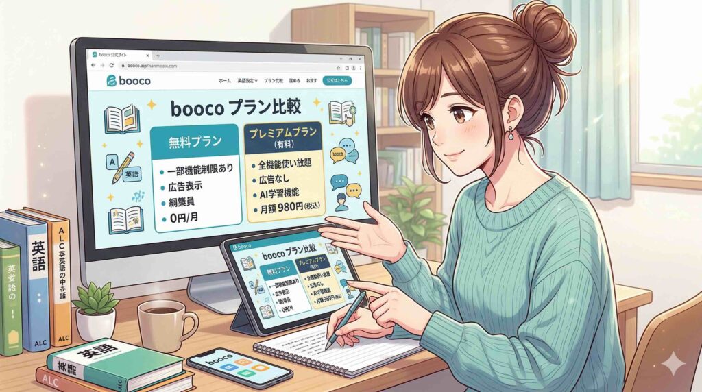 boocoの無料と有料プランについて調べる女性