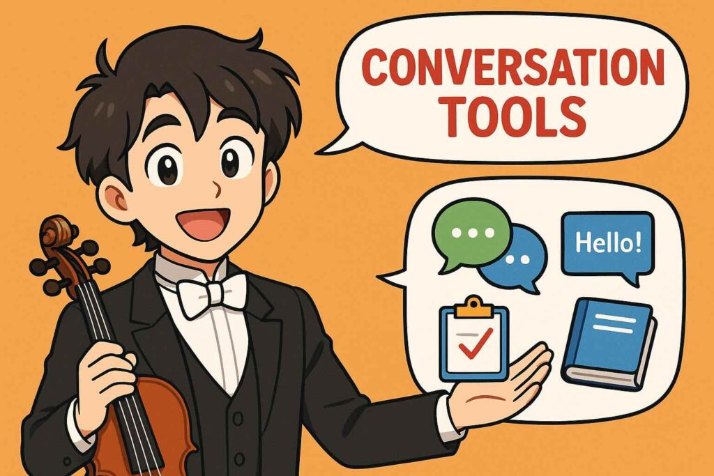 会話に役立つツールを紹介する音楽家