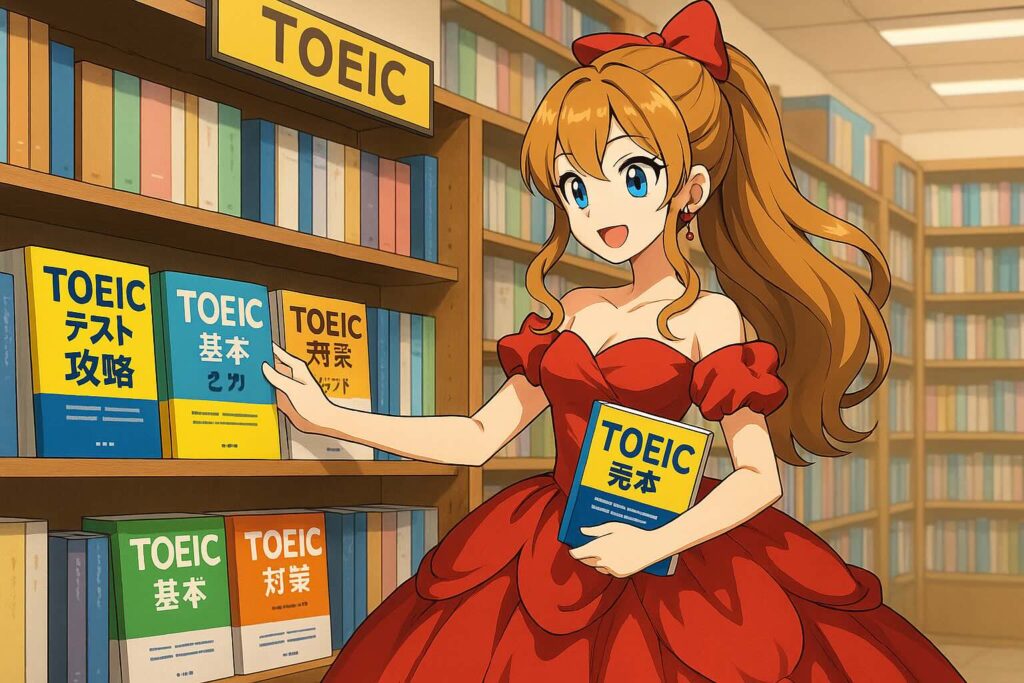 mikanにあるおすすめTOEIC対策教材を選んでいる女性