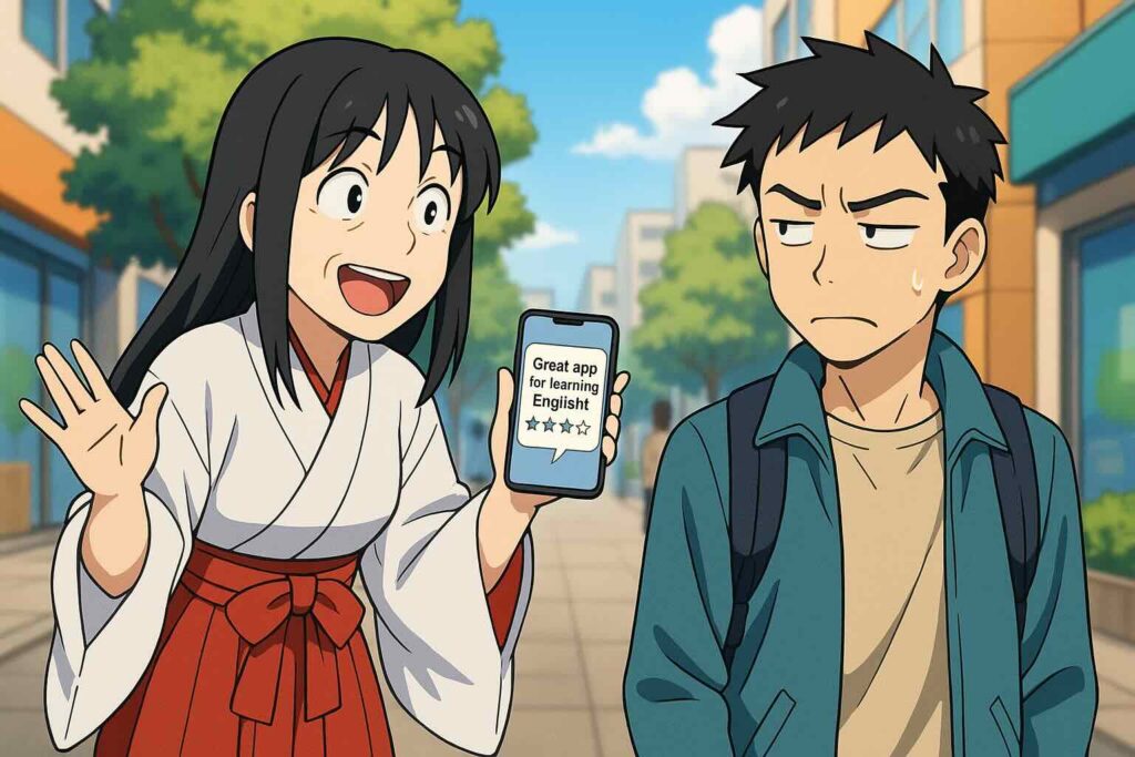 ポケット語学をレビューしている巫女さん