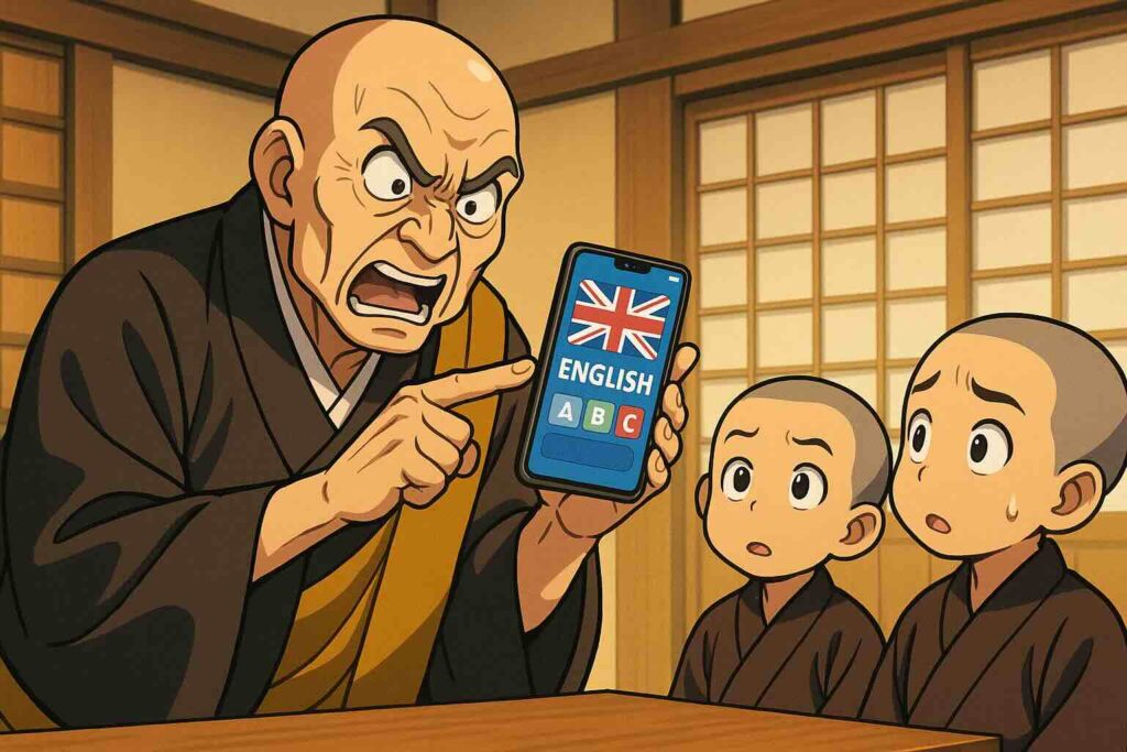 ポケット語学の使い方を教える和尚さん