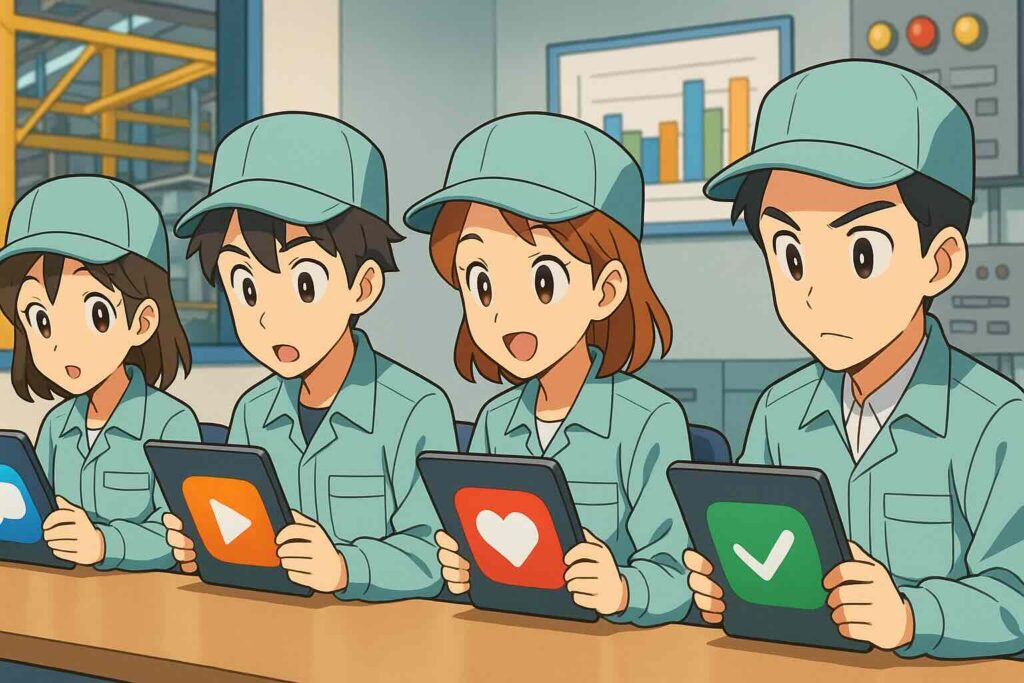 TOEFLリスニング対策アプリを比較している従業員