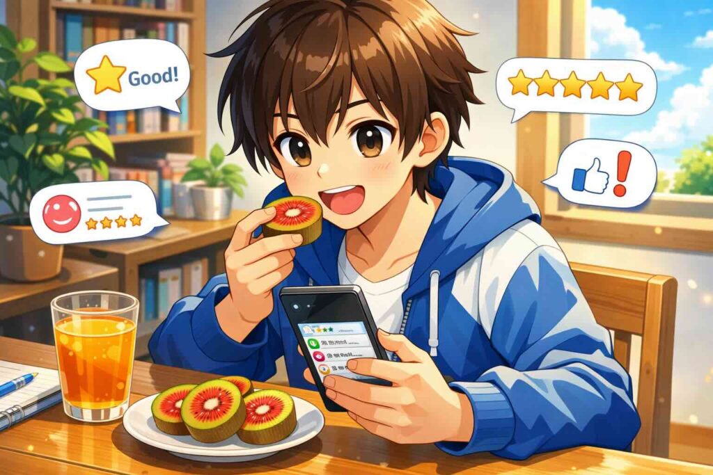 redkiwiの評判や口コミを調べている少年