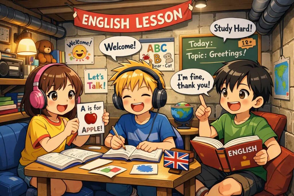地下室で英会話勉強をする子供達