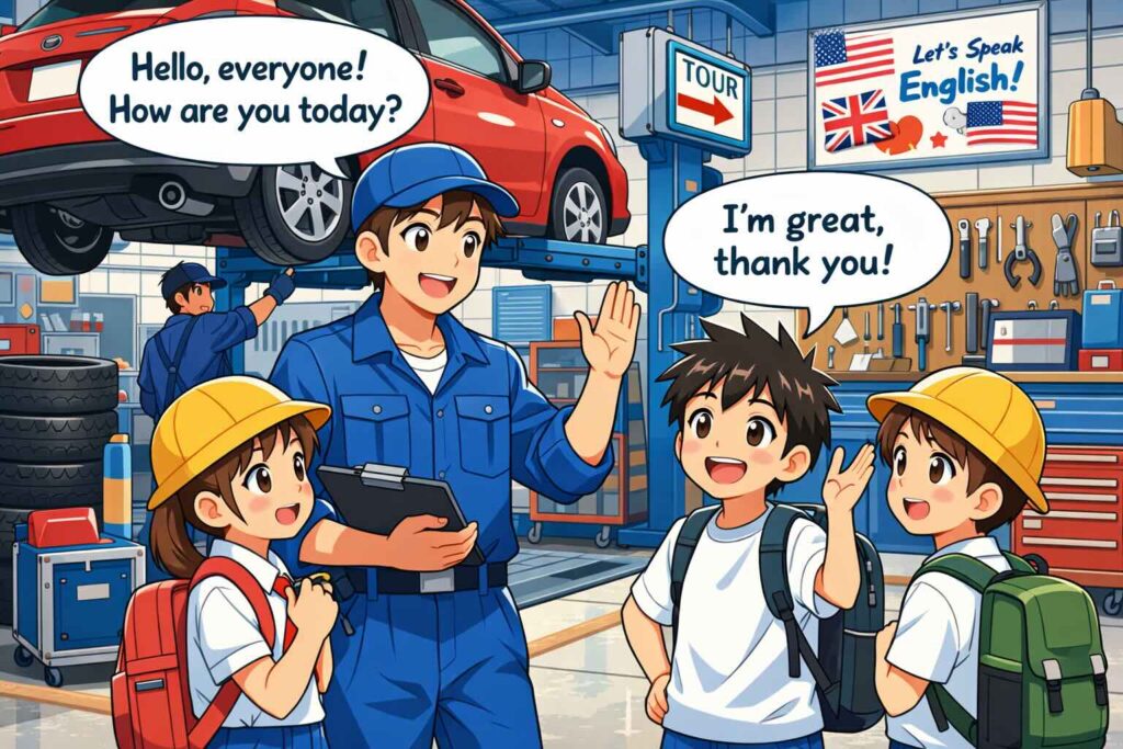 英会話の練習をする整備士工場見学にきた子供達