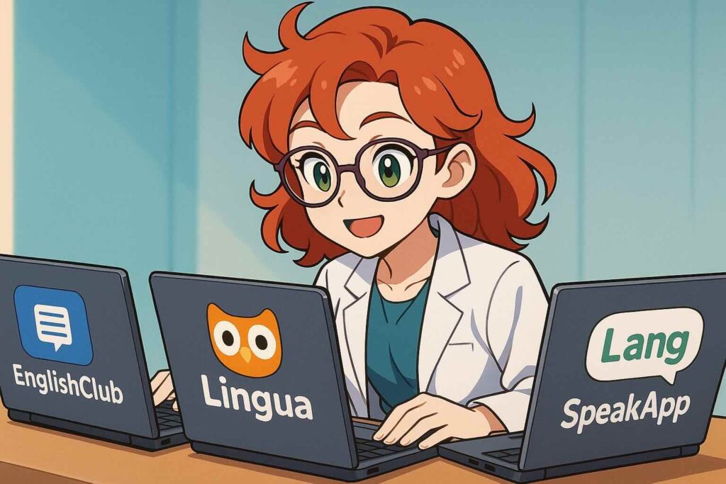 トド英語と他の英語アプリを比較している女性