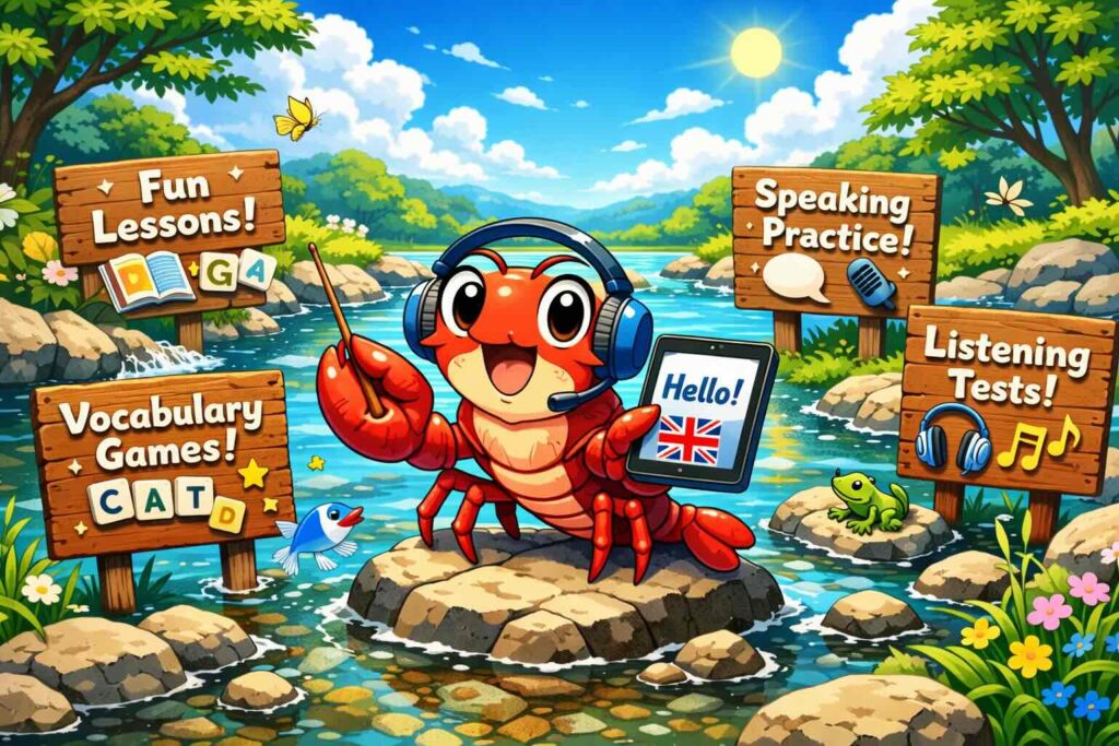 英語漬け.comの特徴を語るザリガニ