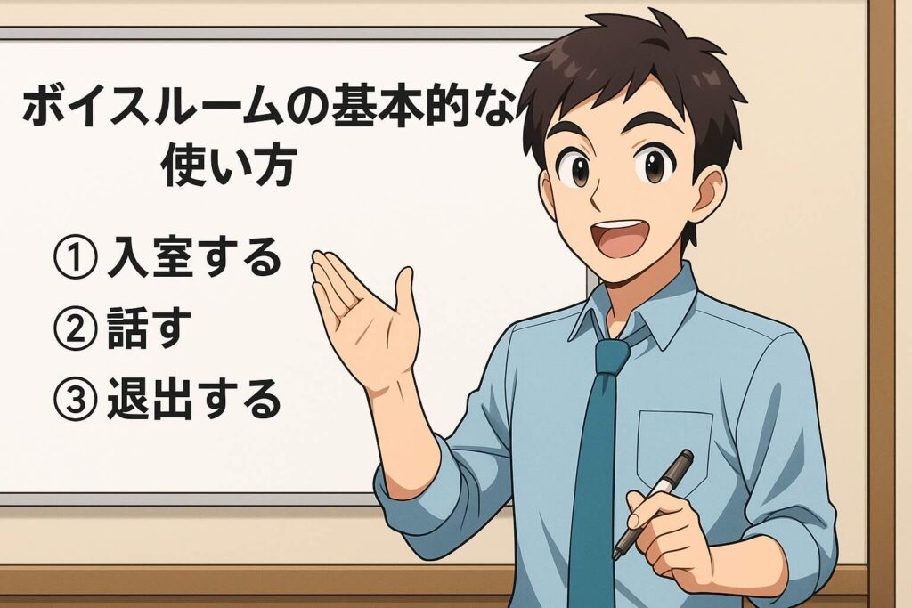 ボイスルームの基本的な使い方を解説する男性