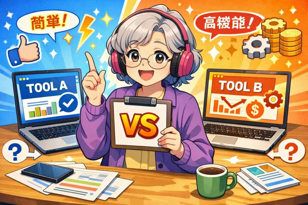 ChatGPTとgrammarlyを比較しているおばあちゃん