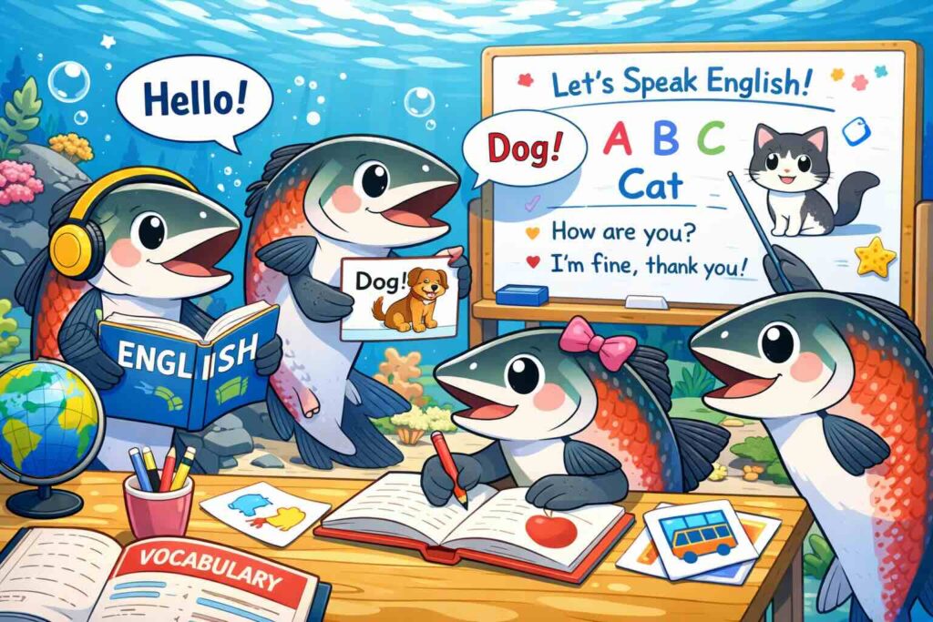 英会話の勉強をする鮭たち