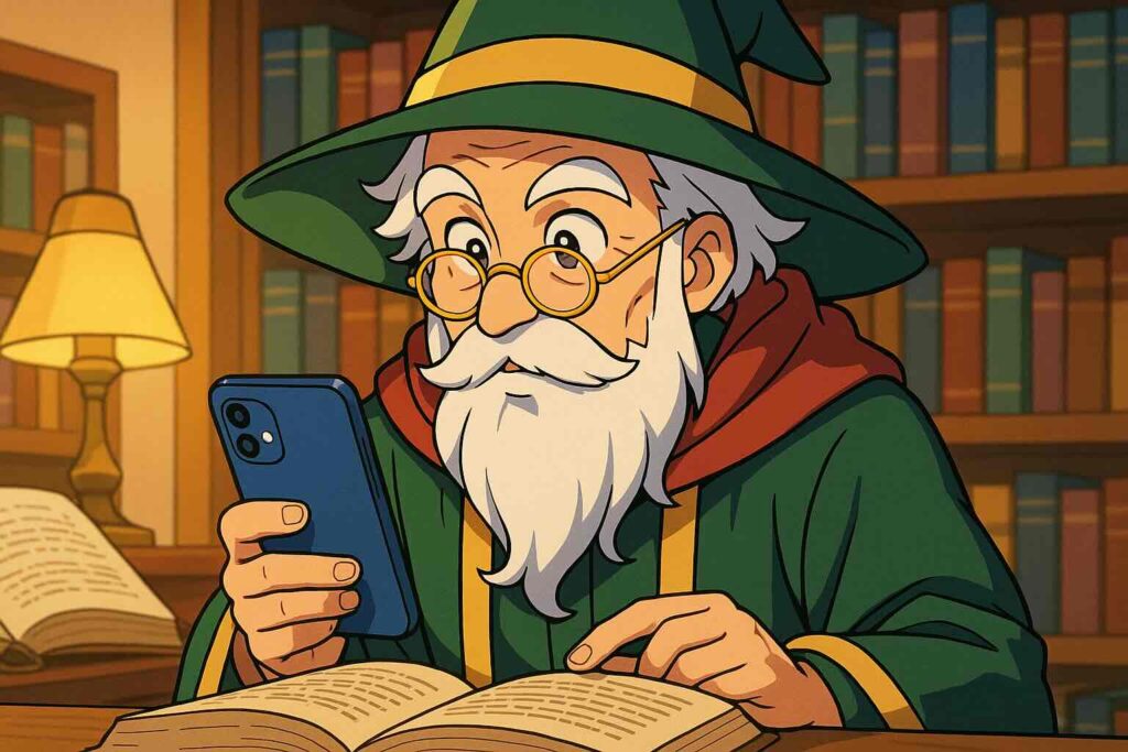 ハロートーク電話の基本情報を調べる老人