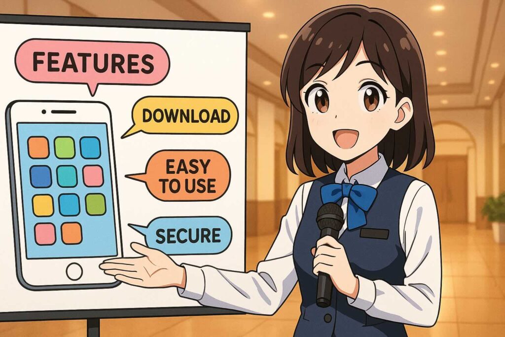 各TOEFLリスニング対策アプリの特徴を伝える女性