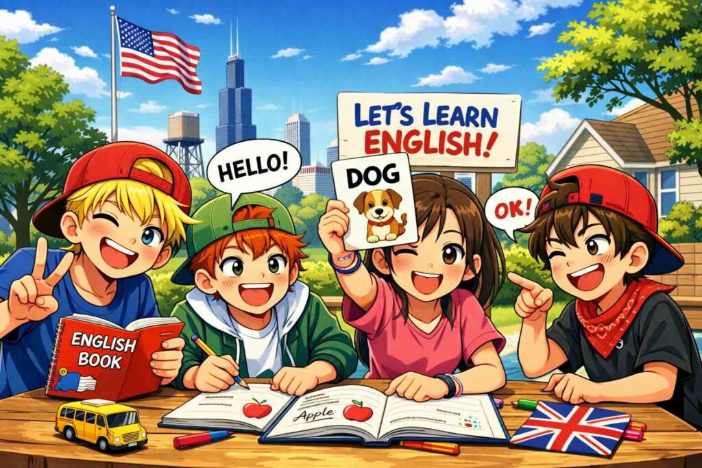 シカゴの郊外で英会話の勉強をするアメリカ人の子供達