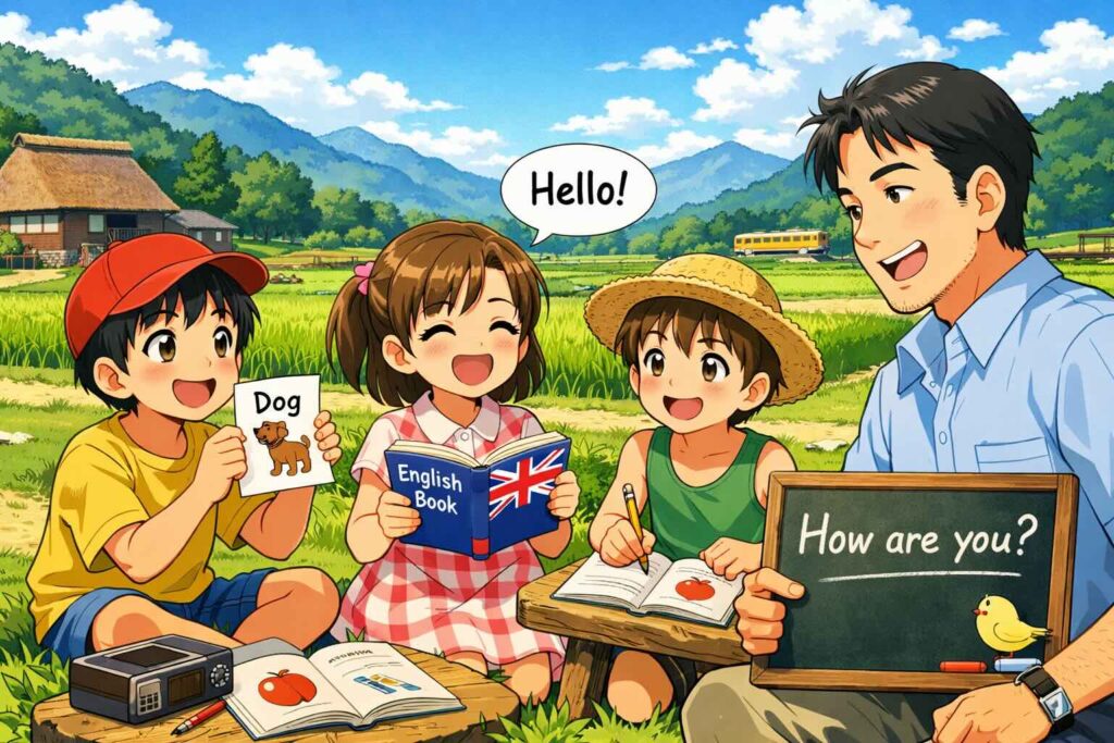 外で英会話を勉強する田舎の子供達