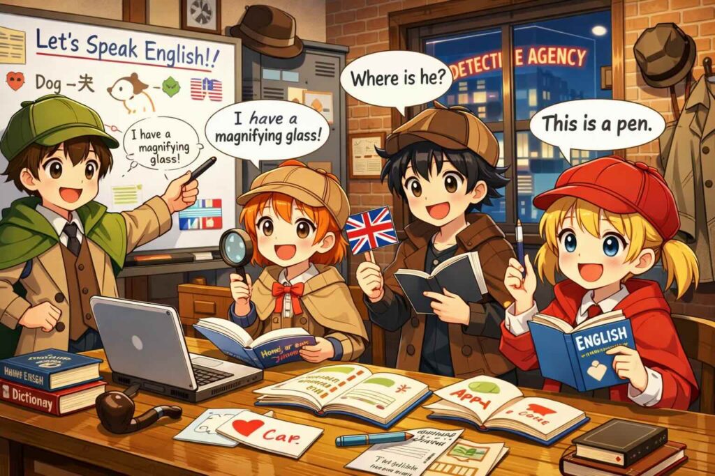 探偵事務所で英会話を熱心に勉強する子供探偵団